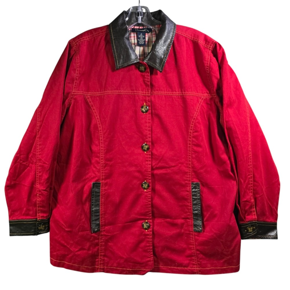 Denim & Co Womens 1X Red Barn Jacket Plaid Lined Faux Leather Trim Cotton Coat